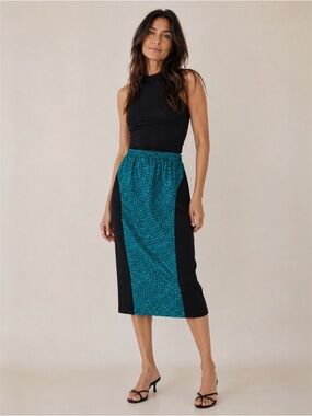Vintage Marilyn Brooks Teal Black Polka Dot  Colorblock Bubble Midi Skirt M/L